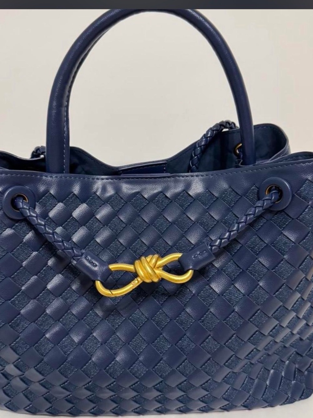 Woven Leather Tote Bag in Deep Navy with Gold Accent